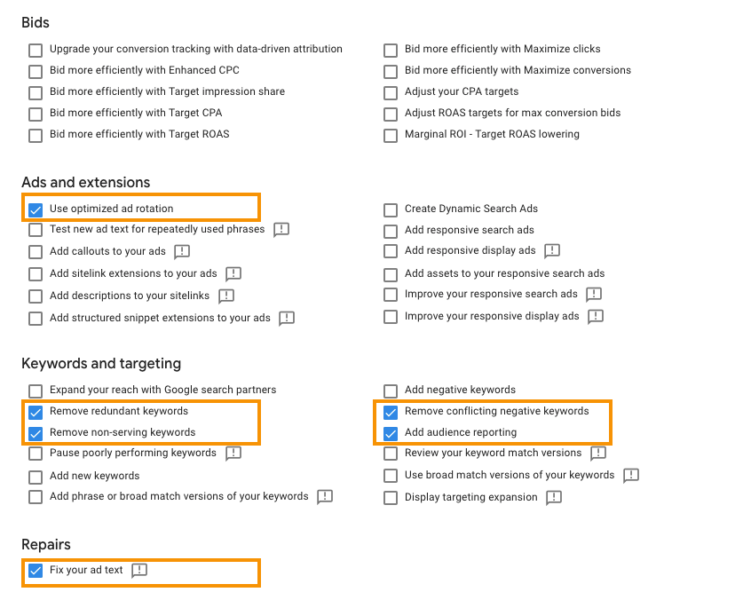 Specified checkboxes to select in order to enable recommended settings